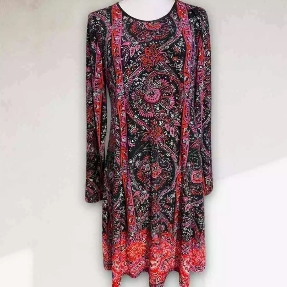 Neiman Marcus Pullover Paisley Print Dress With Faux Leather Detail Size 10